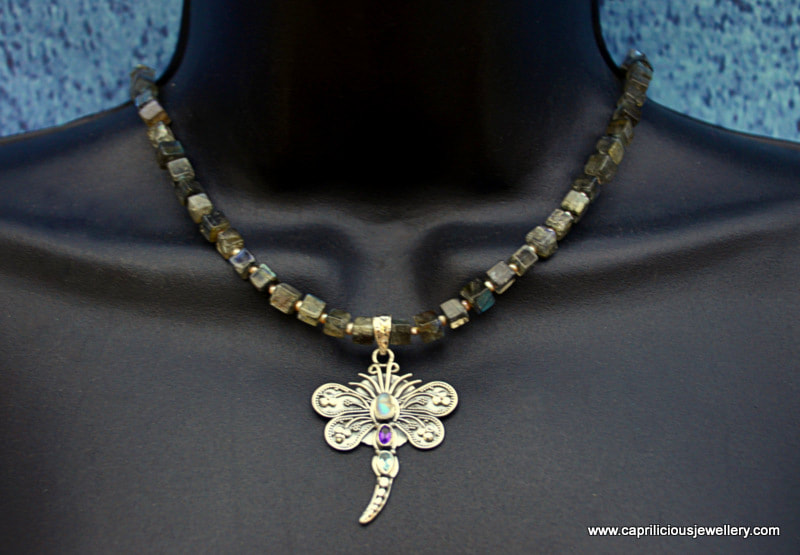 Bali silver dragonfly on a labradorite necklace by Caprilicious Jewellery
