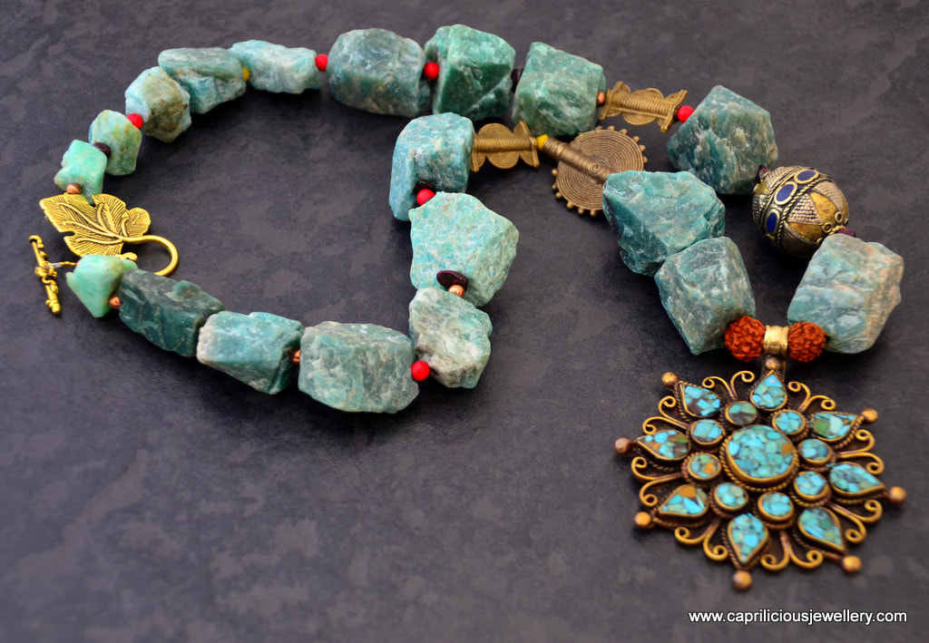 Raw aventurine nugget beads with a Tibetan Turquoise mandala pendant by Caprilicious Jewellery
