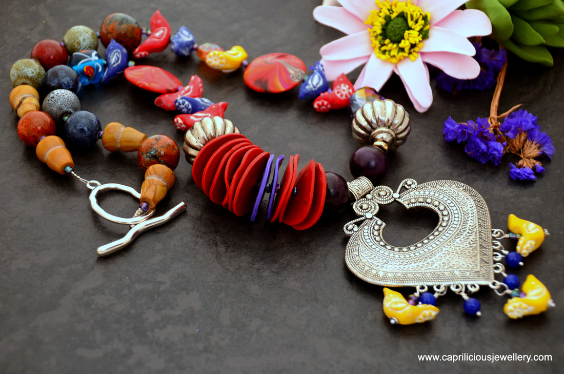 Tribal necklace, polymer clay beads, long necklace, affordable art, affordable jewellery, colourful jewellery by Caprilicious Jewellery