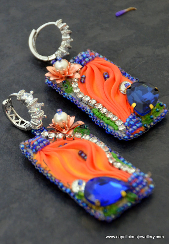 Shibori and beadwork earrings by Caprilicious Jewellery