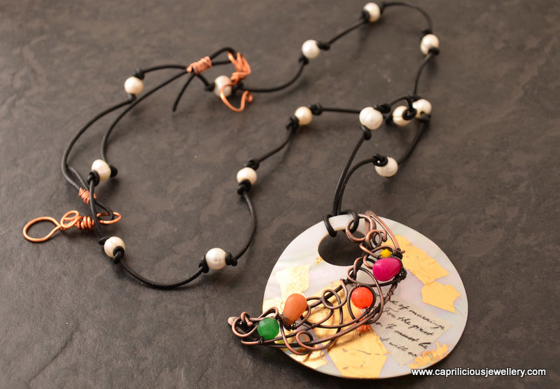 Mother of pearl, leather and pearls, Lagenlook Necklace by Caprilicious Jewellery