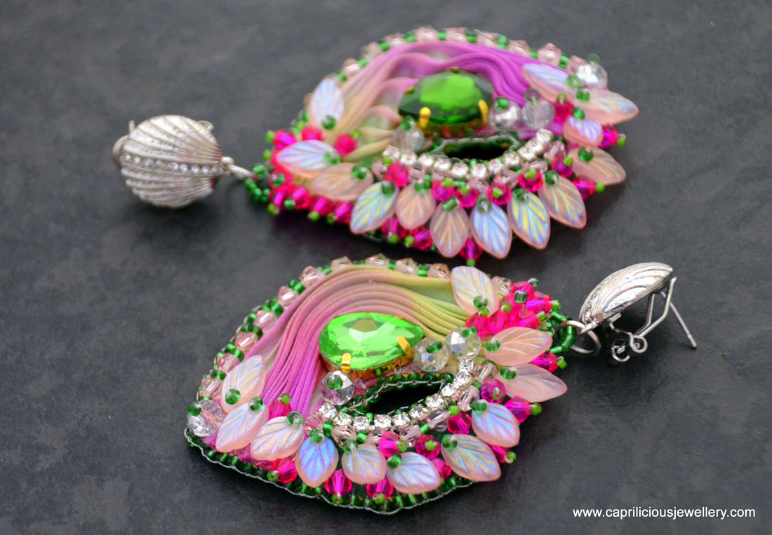 Cupid - Shibori silk and bead embroidery earrings by Caprilicious Jewellery