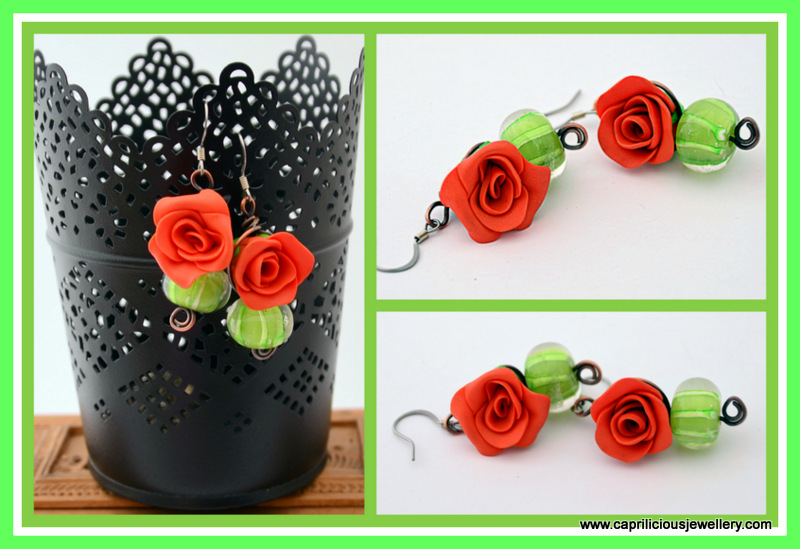 Handmade lampwork glass and polymer clay rose earrings by Caprilicious Jewellery