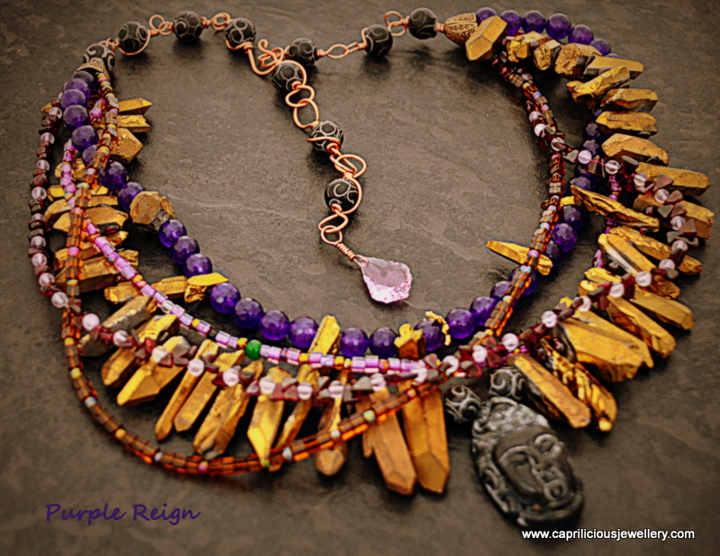 Multistrand electroplated quartz needles and amethyst/garnet necklace by Caprilicious Jewellery