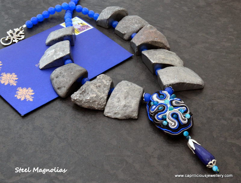 Steel Magnolias - titanium coated agate nugget beads with blue jade and a soutache pillow pendant bead by Caprilicious Jewellery
