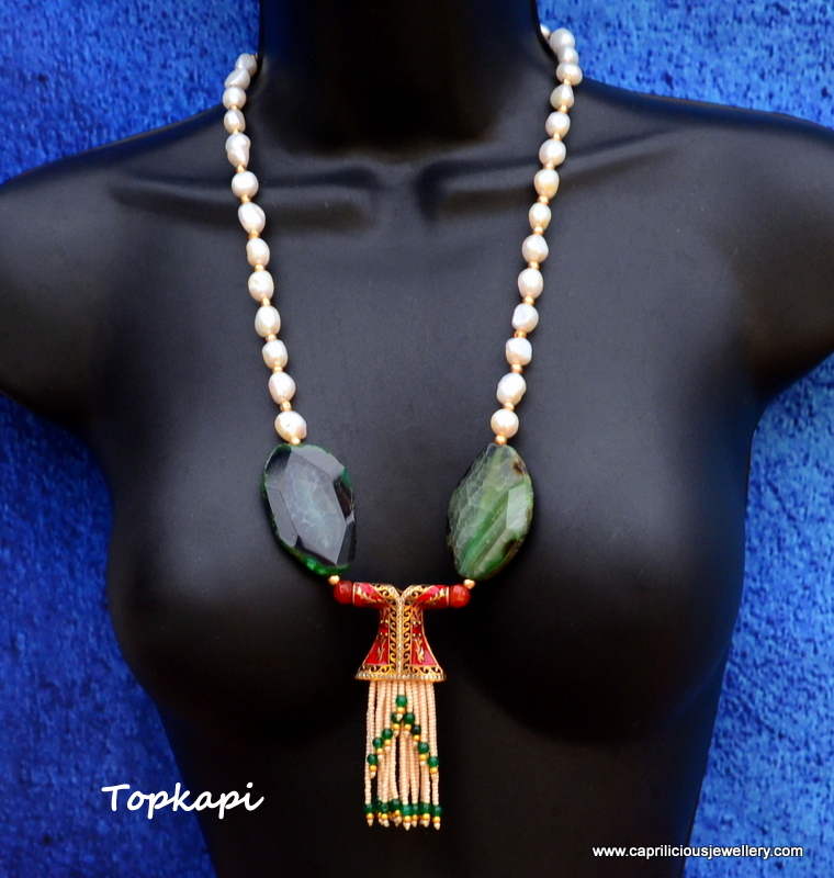 Turkish kaftan tassel pendant and pearl/green agate slab nugget necklace by Caprilicious Jewellery