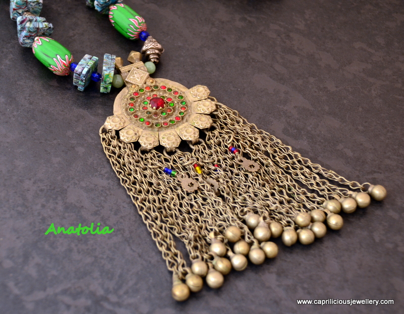 Belly Dancer necklace, pendant from Afghanistan, polymer clay beads by Caprilicious Jewellery