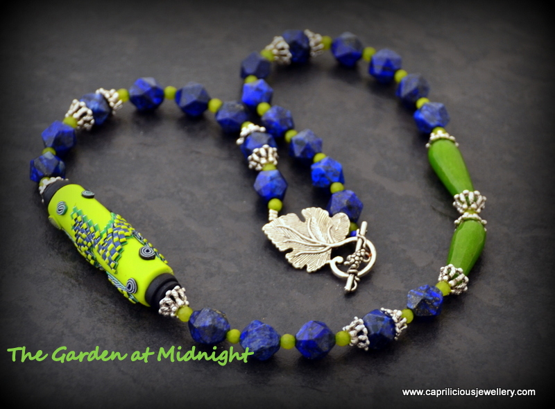 The Garden at Midnight - a lapis lazuli, peridot and polymer clay necklace made by Caprilicious Jewellery