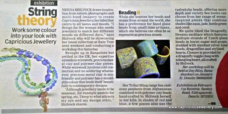 Article about Caprilicious Jewellery in Indulge, Indian Express, Bangalore on 30/01/2015