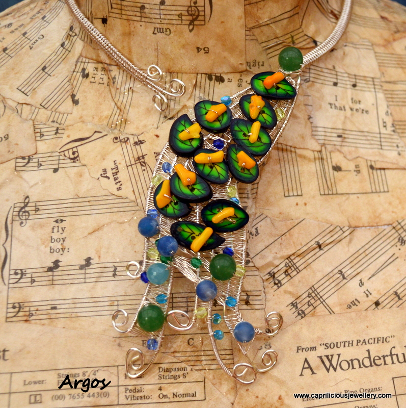Mixed media torque peacock necklace by Caprilicious Jewellery