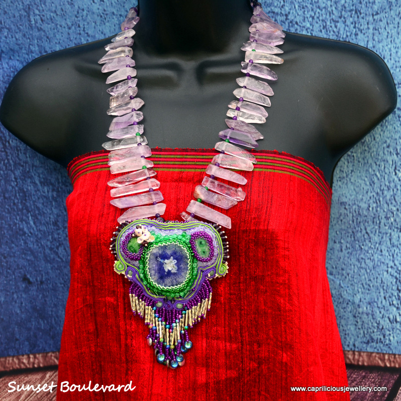Sunset Boulevard - a solar quartz soutache pendant on a necklace of amethyst slabs by Caprilicious Jewellery