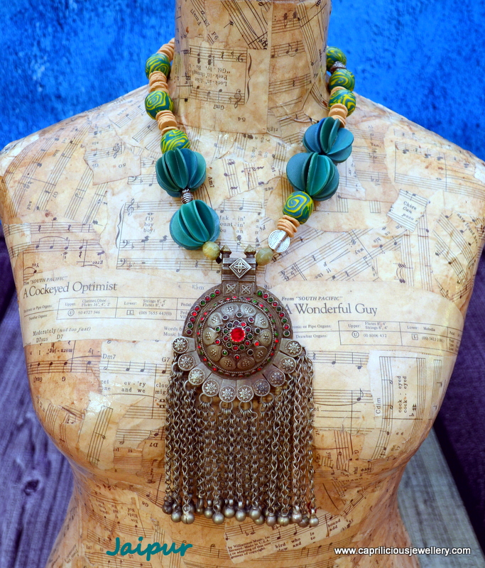 Jaipur - Afghani pendant with polymer clay beads by Caprilicious Jewellery