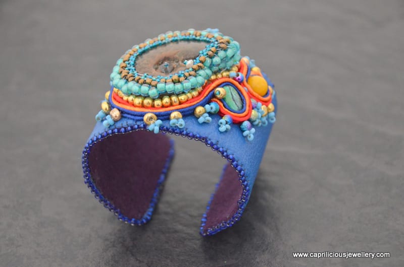 Blue leather and ammonite cuff bracelet, soutache and beadwork by Caprilicious Jewellery