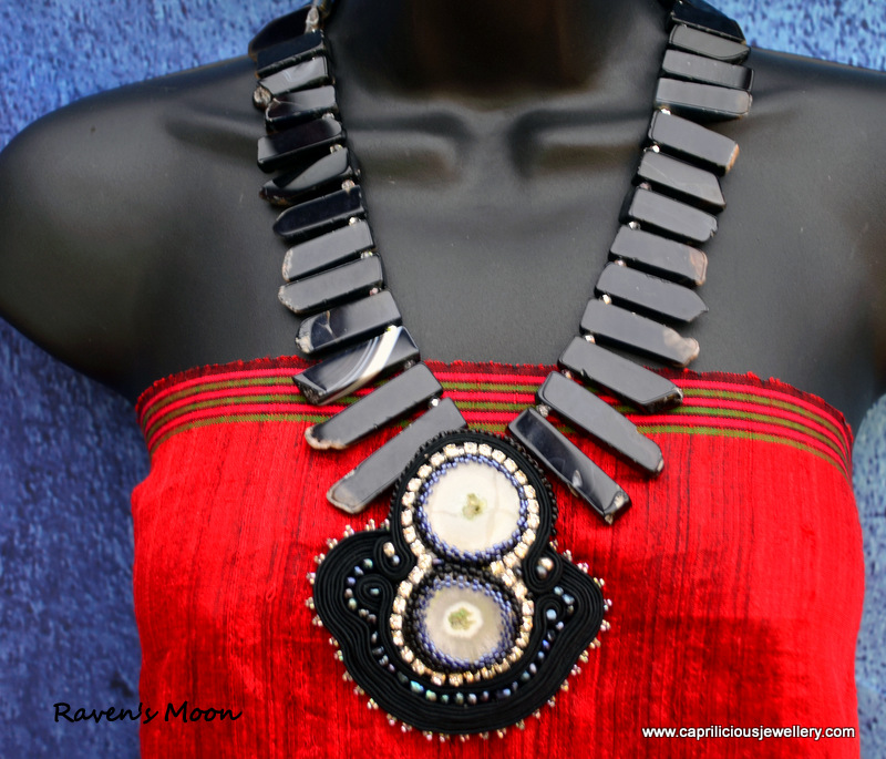 Raven's moon - Solar quartz and soutache pendant on a black agate tusk slab bead necklace by Caprilicious Jewellery