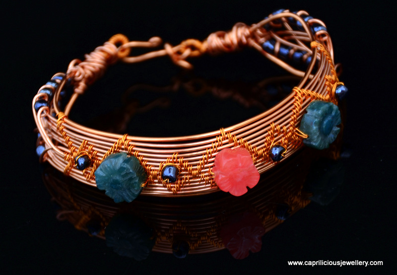 Copper wire and fluorite flower bracelet for arthritis sufferers by Caprilicious Jewellery