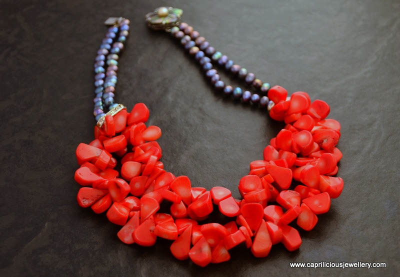 Poppy - petal shaped bamboo coral and rainbow pearls by  Caprilicious Jewellery