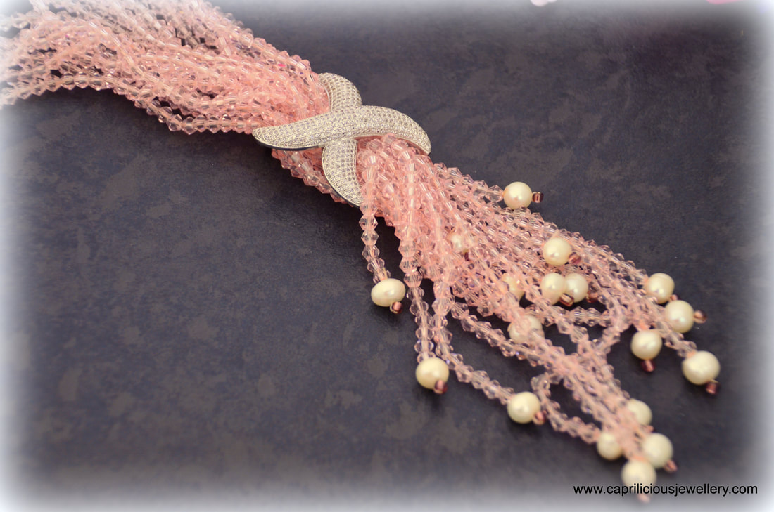 pink crystals, swarovski, pearls, lariat necklace, bolo necklace,evening necklace, LBD,  statement necklace