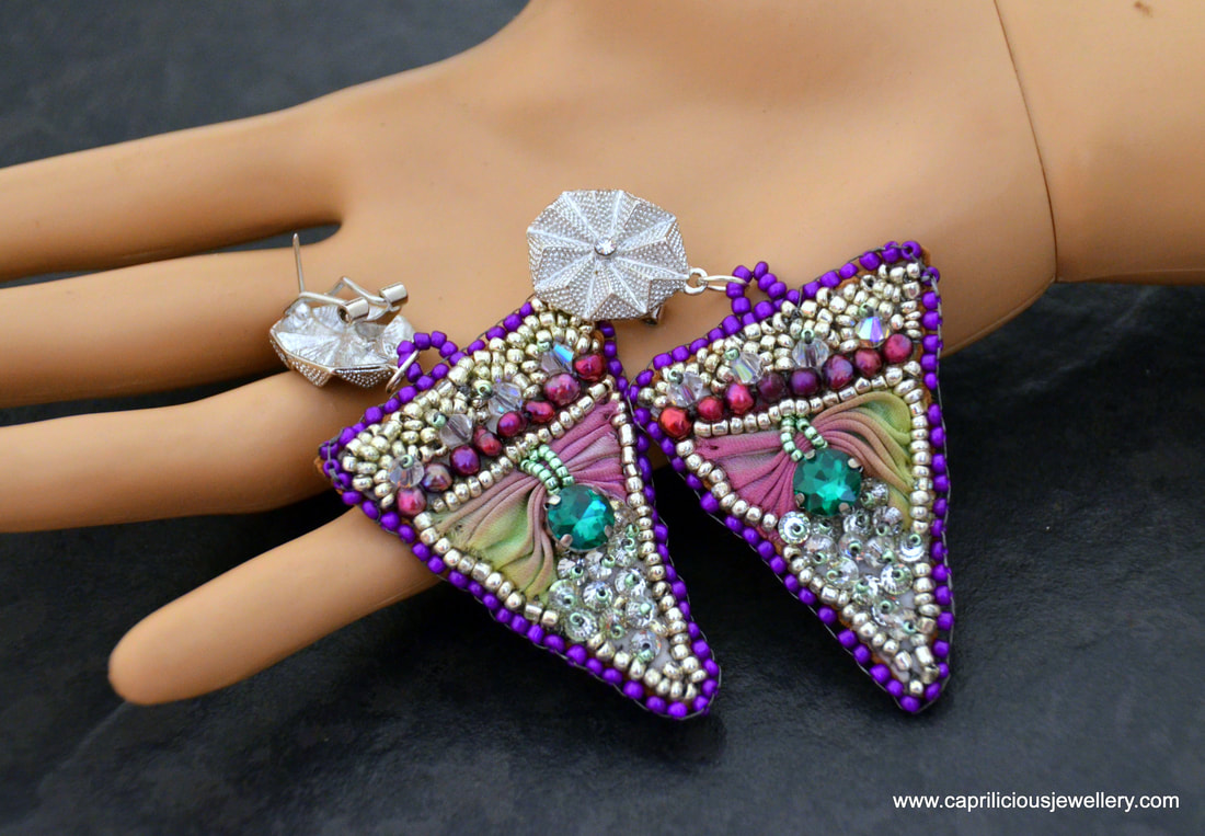 Shibori earrings with shiny crystals by Caprilicious Jewellery