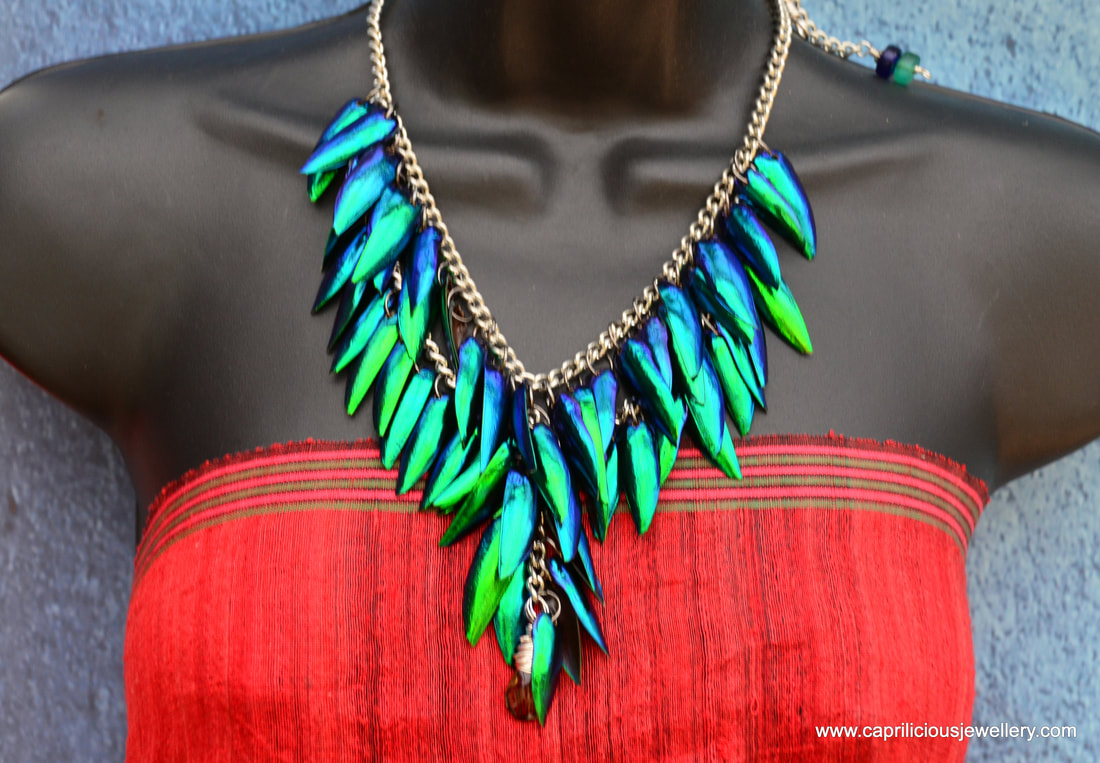 Jewellery beetle wings, elytra, necklace by Caprilicious Jewellery