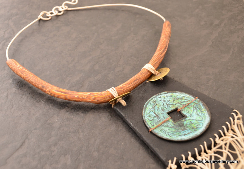 Chinese coin, tribal, faux wood necklace by Caprilicious Jewellery