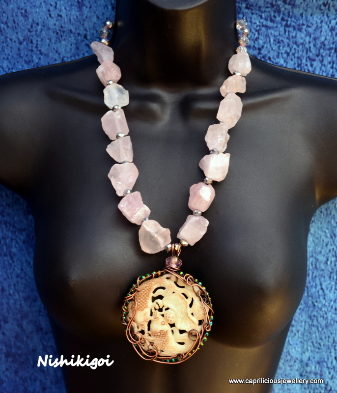 Chinese Koi carp pendant and rose quartz nugget necklace from Caprilicious Jewellery