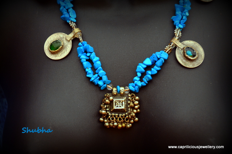 Talisman pendant from Afghanistan with turquoise nuggets and coins, belly dancing jewellery by Caprilicious Jewellery