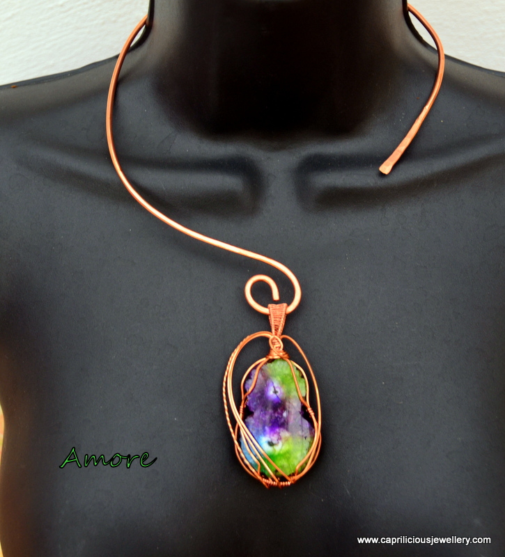 Solar quartz in acopper wire wrapped setting on a non tarnish copper torq necklace- Caprilicious Jewellery