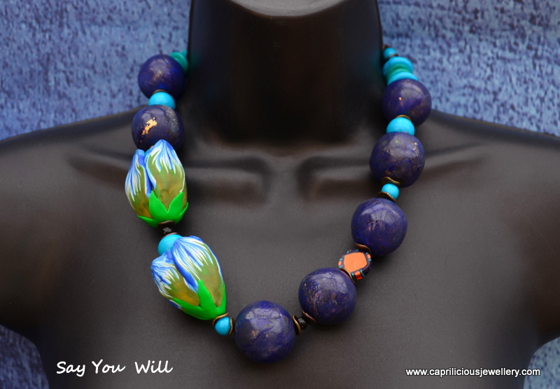 Polymer clay faux lapis lazuli beads and tulip beads in a necklace by Caprilicious Jewellery