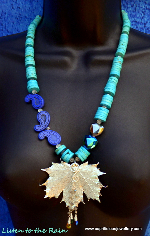 Maple leaf skeleton and turquoise heishi bead necklace by Caprilicious Jewellery