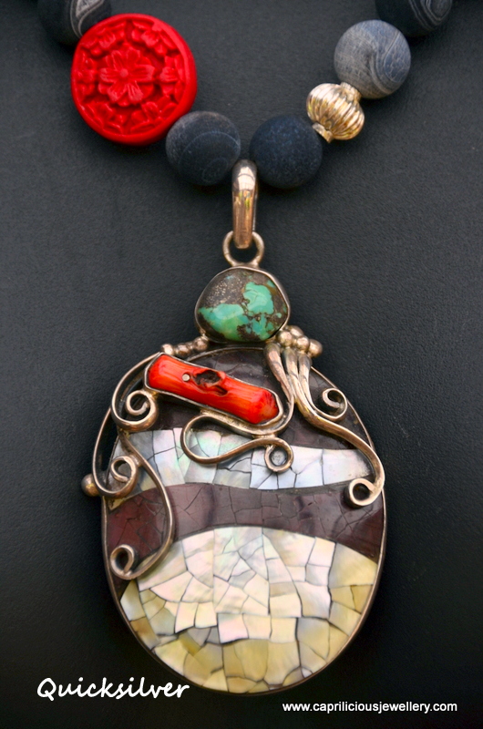 Abalone sterling silver pendant with black frosted agate and cinnabar necklace by Caprilicious Jewellery
