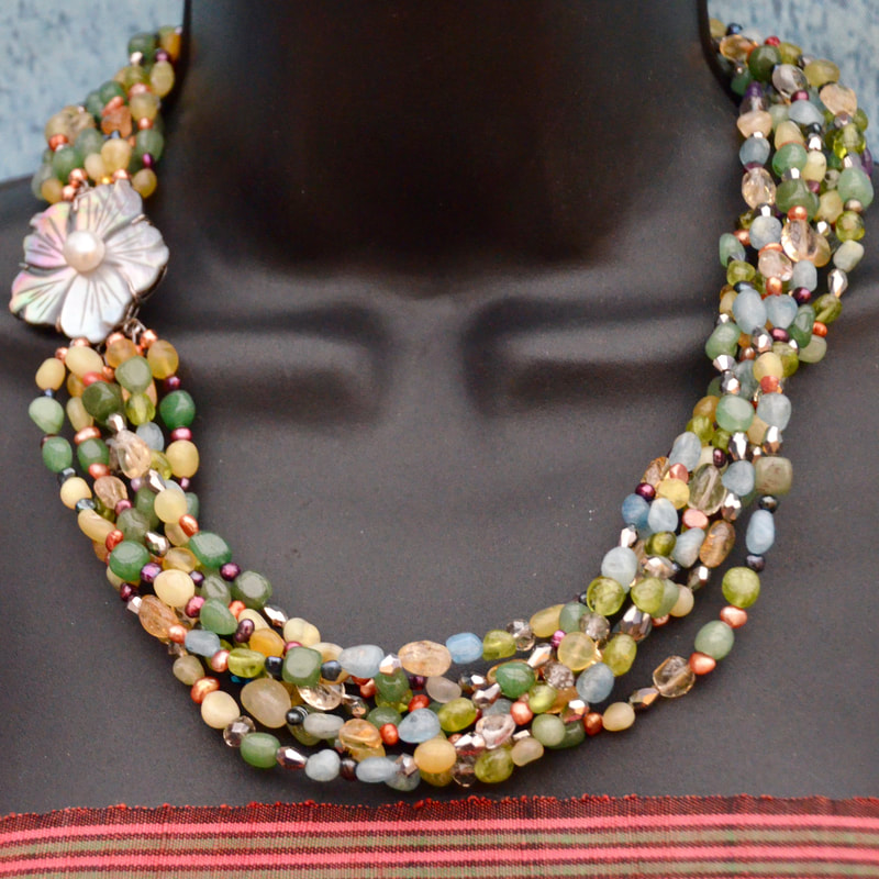 statement necklace, multiple strand necklace, pearls, semi precious gemstones, mother of pearl, colourful necklace