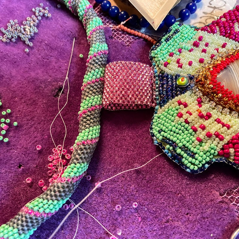 WIP, work in progress, bead embroidery, spiral peyote tube, odd count peyote tube, 