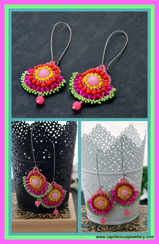 bead weaving, earrings, pink and green earrings, seed beads