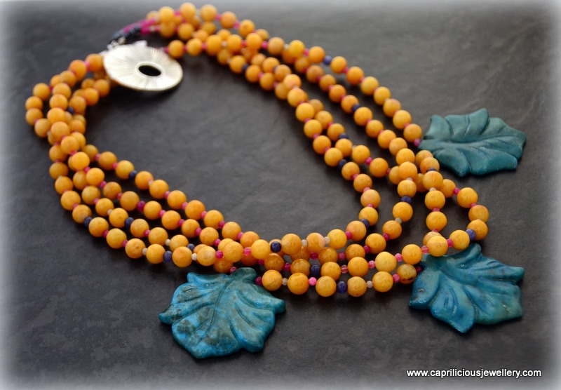 Jade necklace with agate leaves, multistrand, pretty clasp by Caprilicious Jewellery