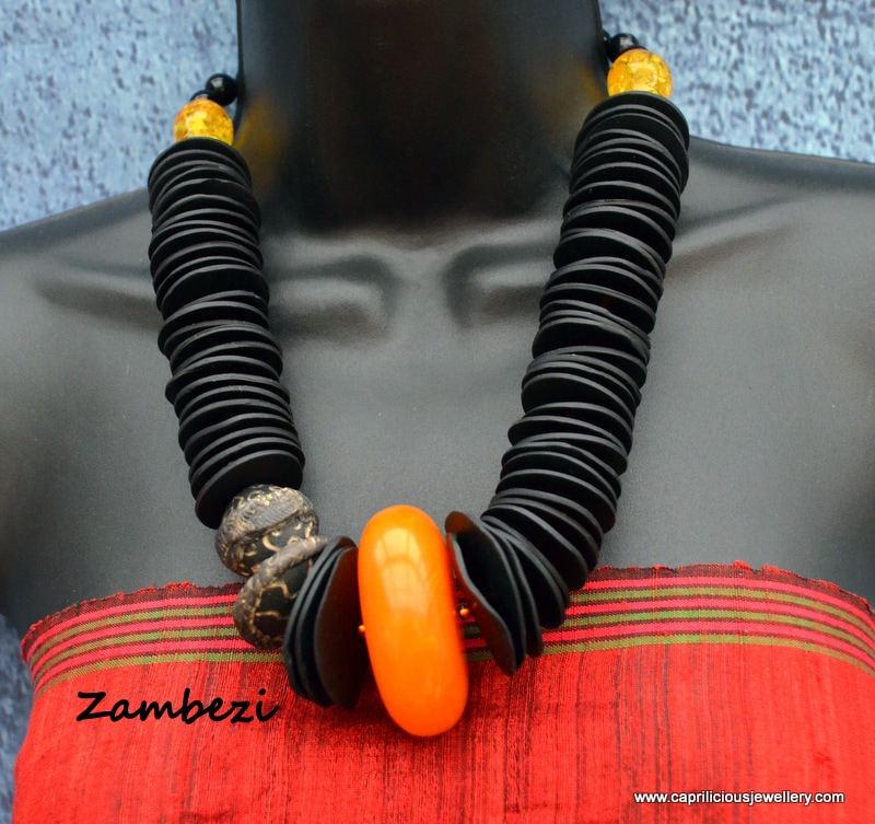 Zambezi - polymer clay and faux amber necklace by Caprilicious Jewellery