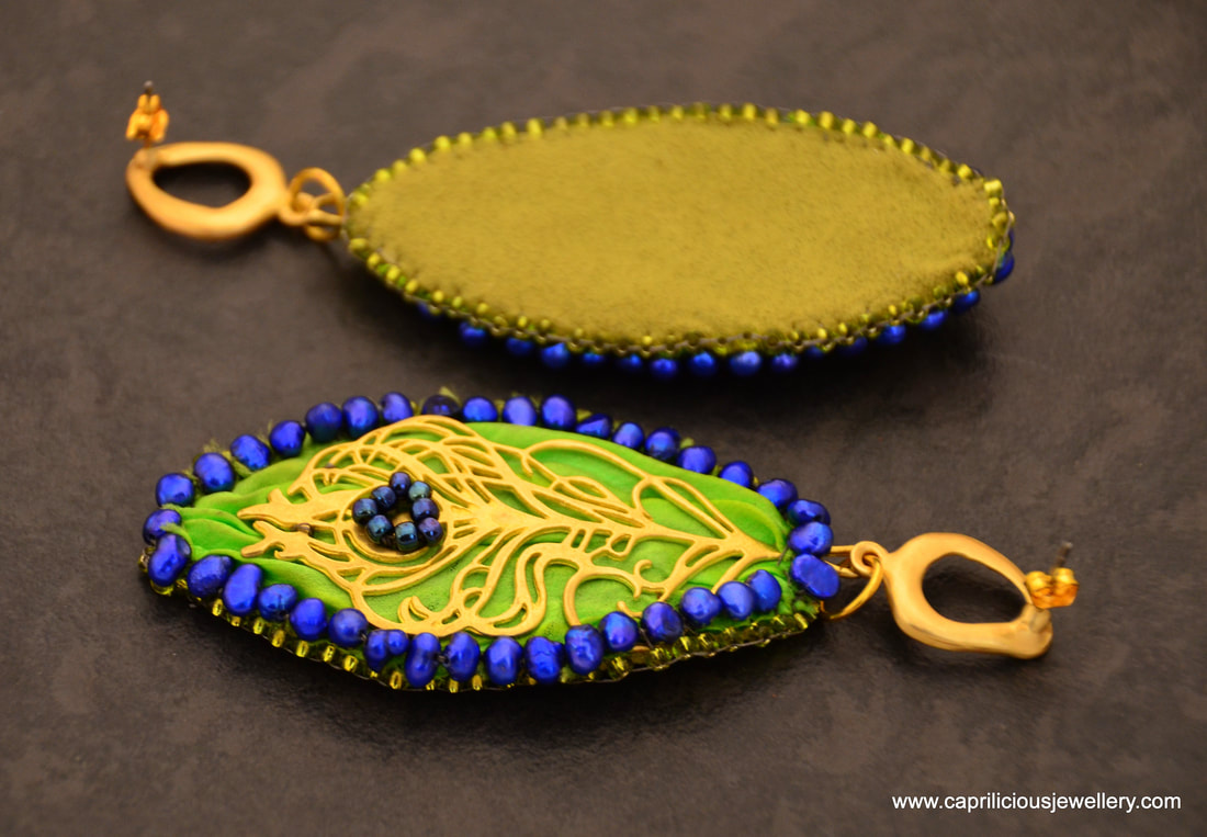 The Peacock - SHibori and pearl earrings by Caprilicious Jewellery