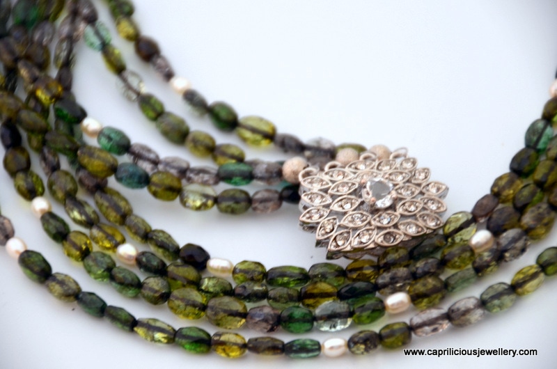 Multistrand tourmaline and pearl necklace with a diamante clasp by Caprilicious Jewellery