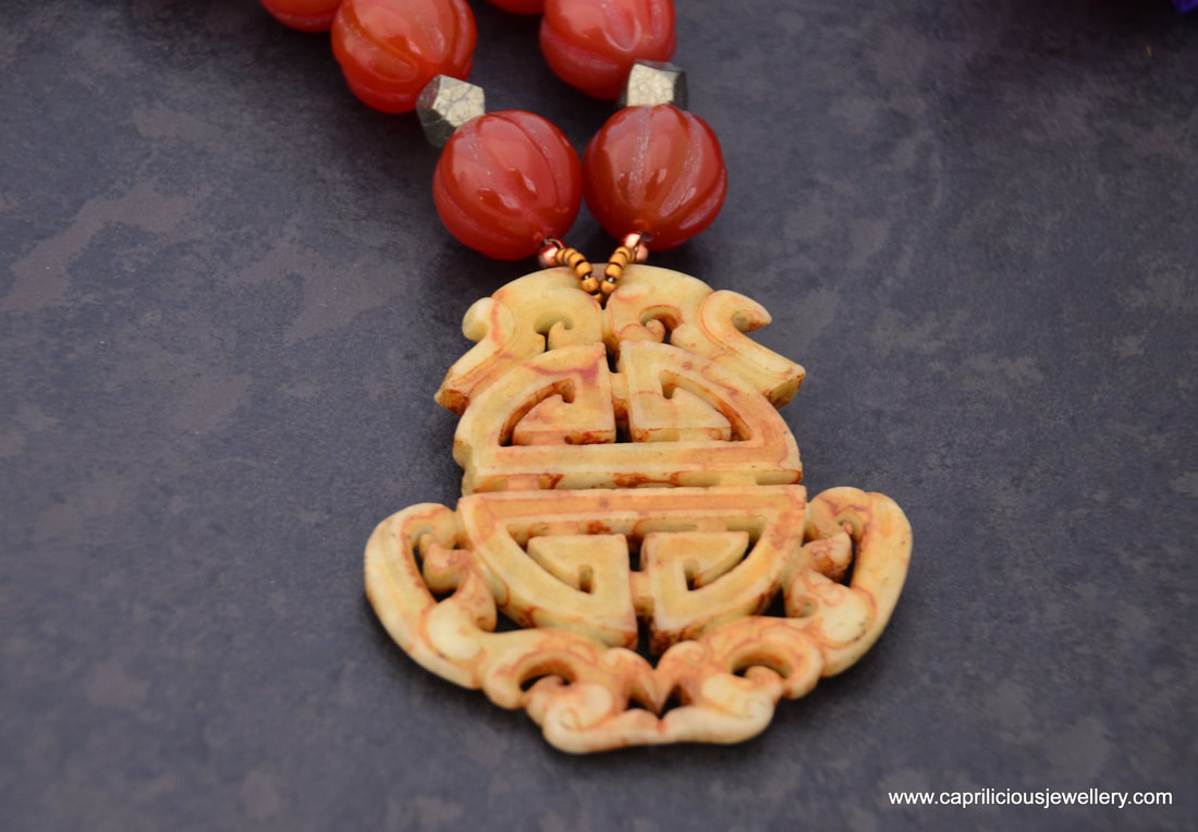 Carved carnelian, carved jade, Shou, pyrite, statement necklace