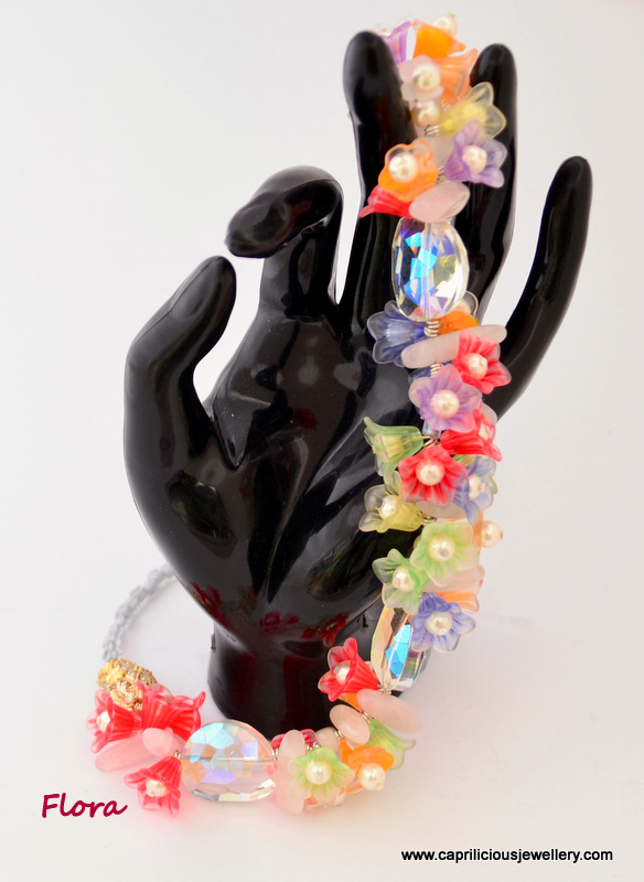 Lucite flowers, Swarovski pearls, rose quartz and crystal necklace by Caprilicious Jewellery