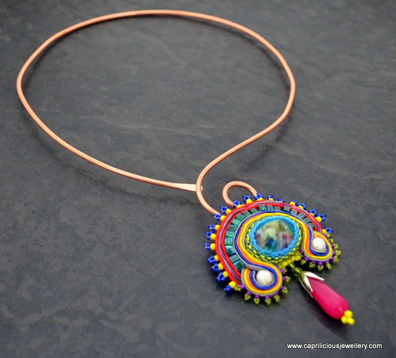 Here Comes the Sun, druzy, soutache and bead work pendant on a copper torque necklace by Caprilicious Jewellery