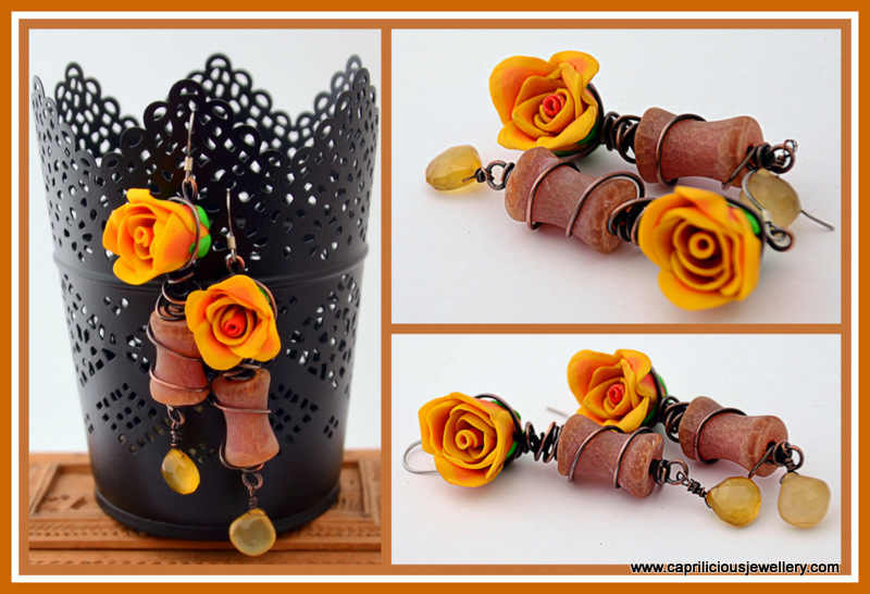 Matte orange agate and polymer clay rose earrings by Caprilicious Jewellery