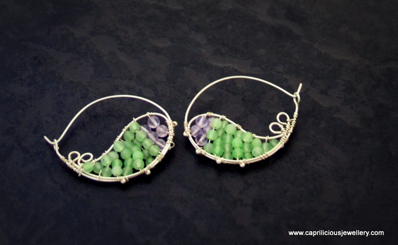 Sterling silver wire hoops, jade and amethyst beads by Caprilicious Jewellery