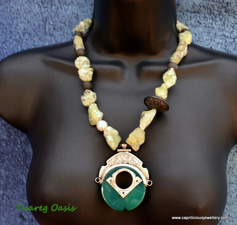 Tuareg silver and agate pendant with a prehnite nugget and black agate druzy bead necklace by Caprilicious Jewellery
