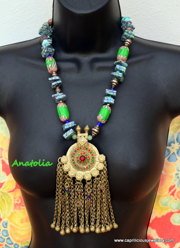Belly Dancer necklace, pendant from Afghanistan, polymer clay beads by Caprilicious Jewellery