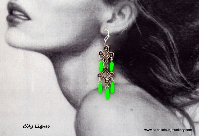 City Lights - neon Czech glass and pewter earrings by Caprilicious Jewellery