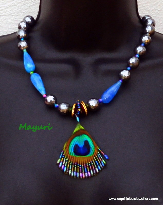 Mayuri - peacock feather and shell pearls/ blue agate by Caprilicious Jewellery
