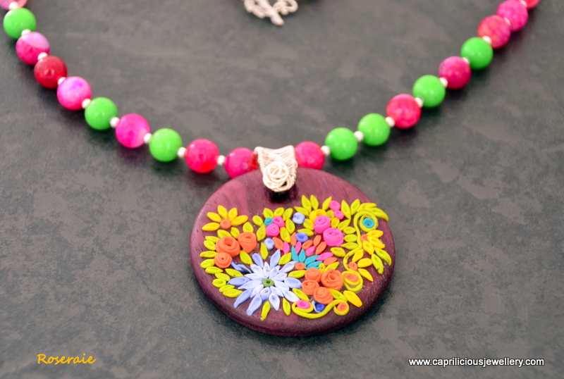 Polymer clay embroidery on wood by Caprilicious Jewellery