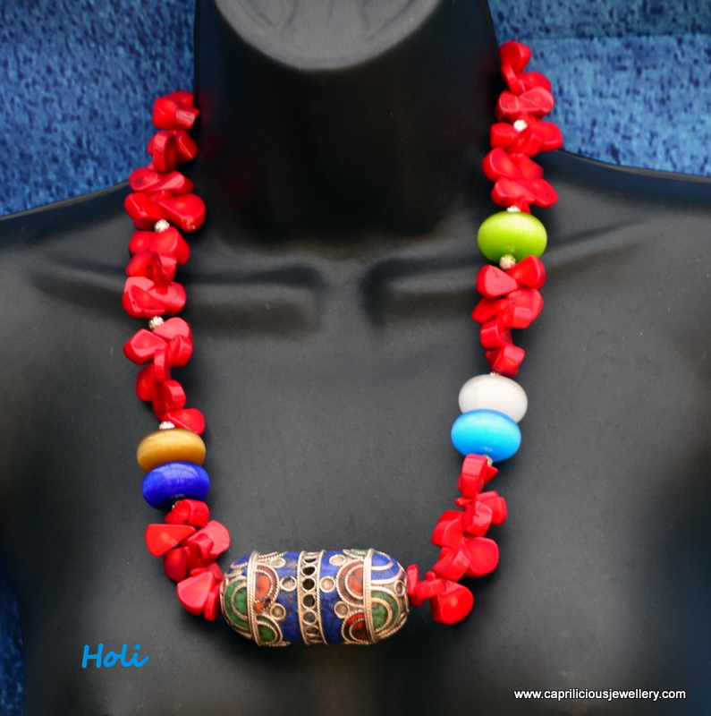 Colourful coral and Moroccan bead necklace by Caprilicious Jewellery