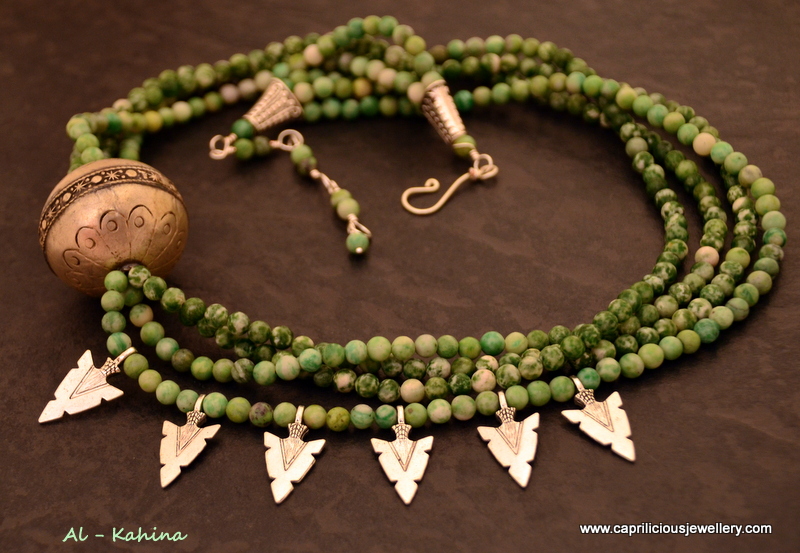 Multi strand moss agate necklace with a Moroccan focal bead and arrowheads by Caprilicious Jewellery