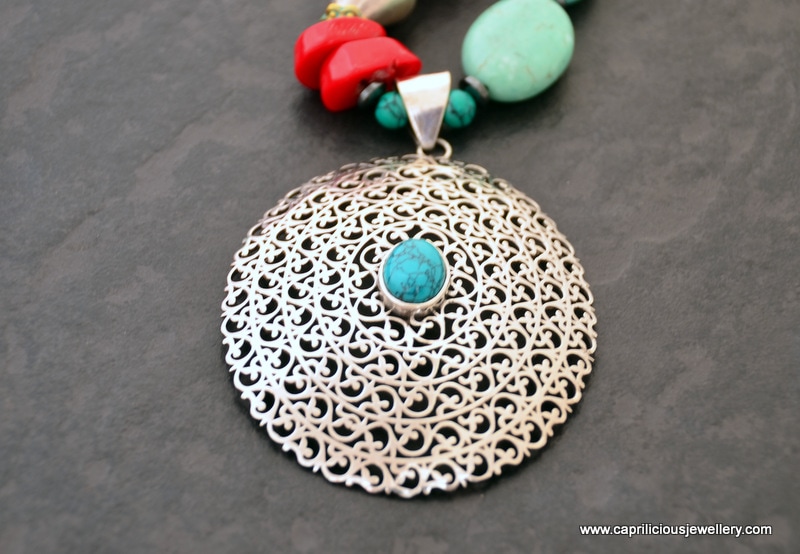 Southwestern colours - bamboo coral, turquoise and sterning silver, long necklace by Caprilicious Jewellery